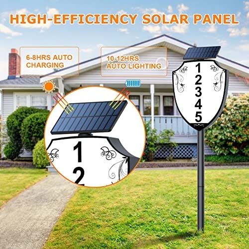 BNT Lighted House Numbers for Outside, Waterproof Solar Address Sign Lights with Auminum Stakes, Outdoor Wall-mounted Address Plaque for Yard, Street, Home, Garden