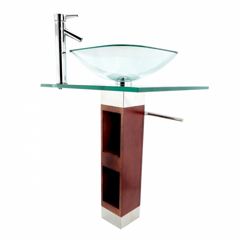 Bohemia 27.5" Tall Clear/Green Glass Square Pedestal Bathroom Sink with Faucet