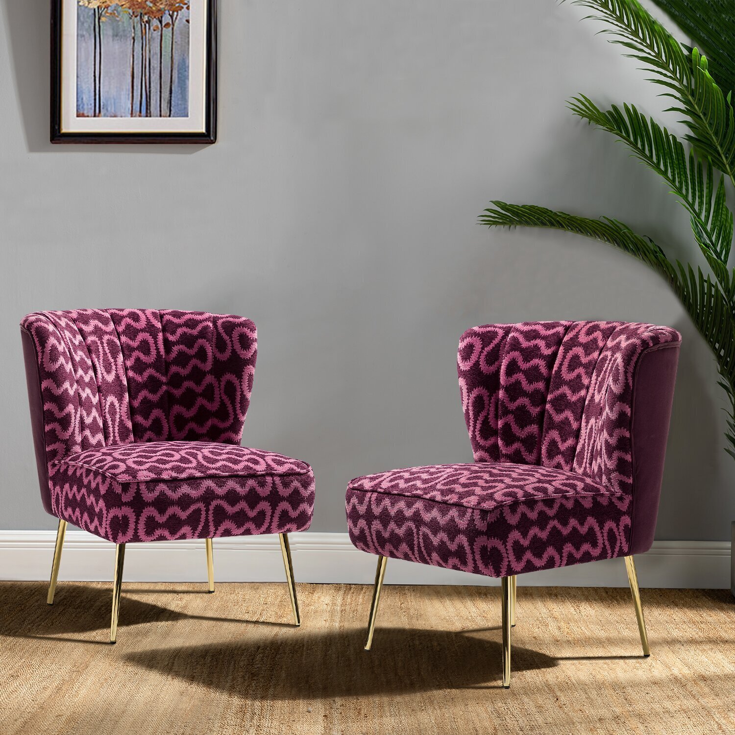 Boho Patterned Purple Pair of Barrel Chairs