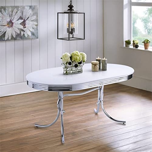 BOWERY HILL Chrome Plated Oval Dining Table with White Top
