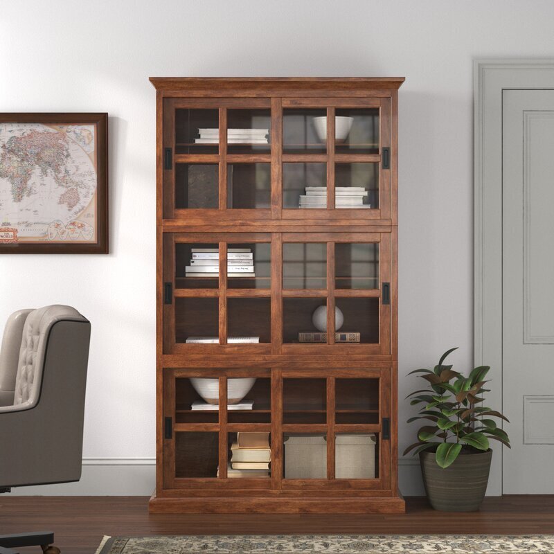 Brown Bookcase With Sliding Glass Doors