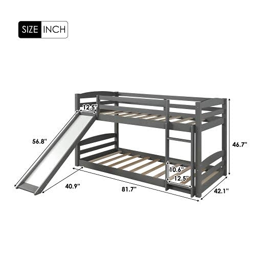 Bunk Bed Twin Over Twin Wood Frame, Low Bunk Bed for Kids, Twin Bunk Bed with Slide and Stair for Girls and Boys, Gray