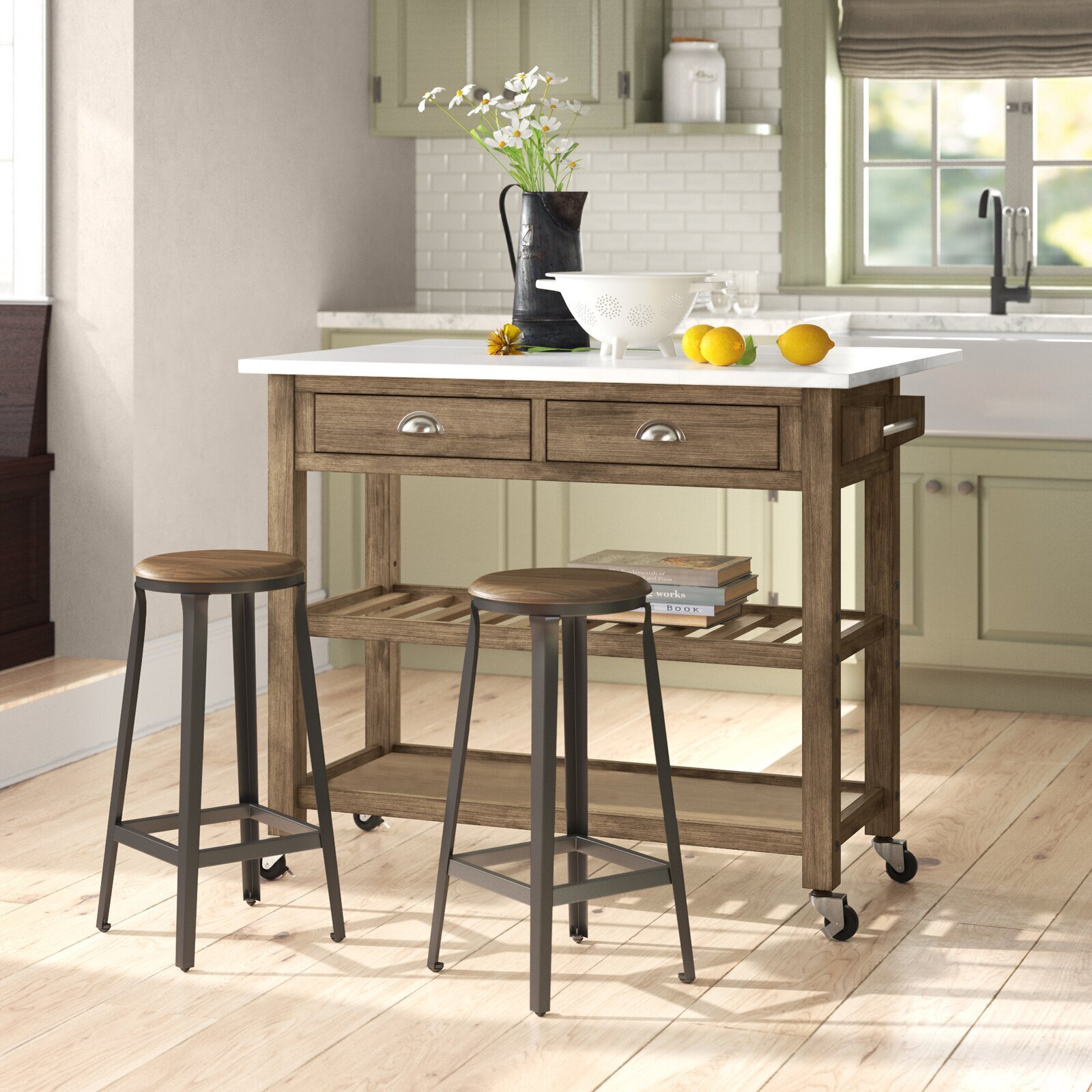 Cart style kitchen island with metal top