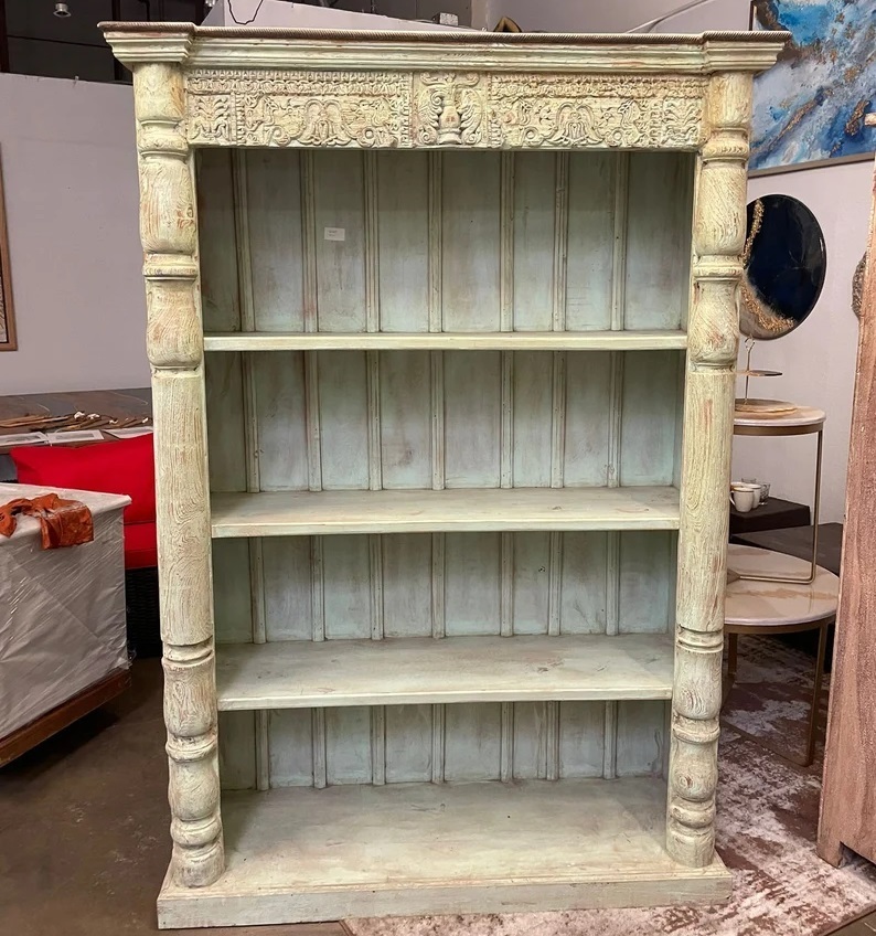 Carved White Washed Vintage Teak Bookcase