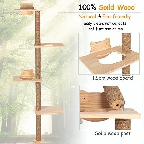 Cat Tree Wall Mounted Tall Scratching Post for Indoor Cats Climbing Tower Activity Wood Cat Wall Furniture 73 inch