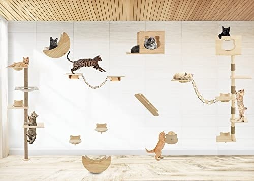 Cat Tree Wall Mounted Tall Scratching Post for Indoor Cats Climbing Tower Activity Wood Cat Wall Furniture 73 inch