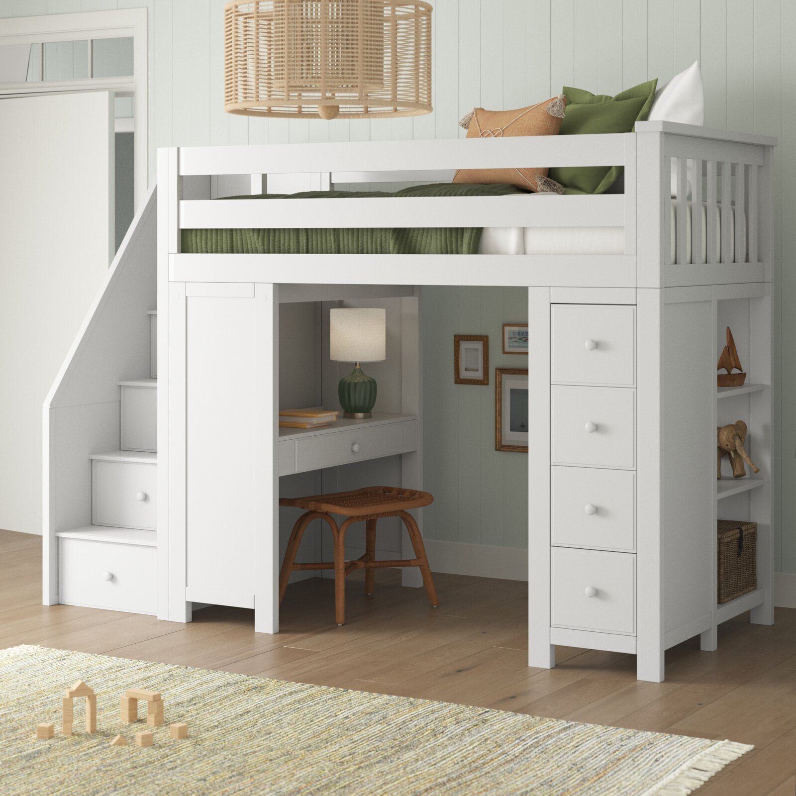 Cavallo Twin 8 Drawer Solid Wood Loft Bed with Bookcase