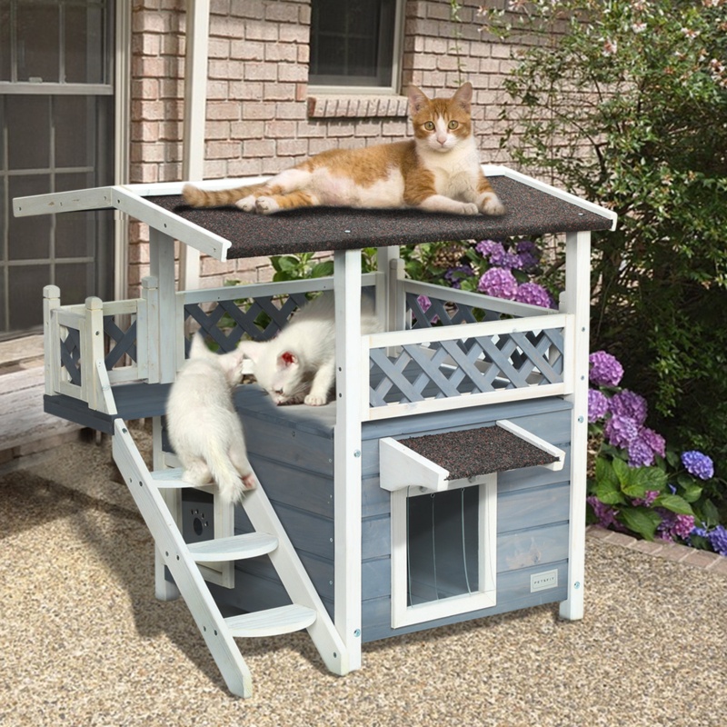 2-Story Outdoor Cat Shelter with Sun Deck