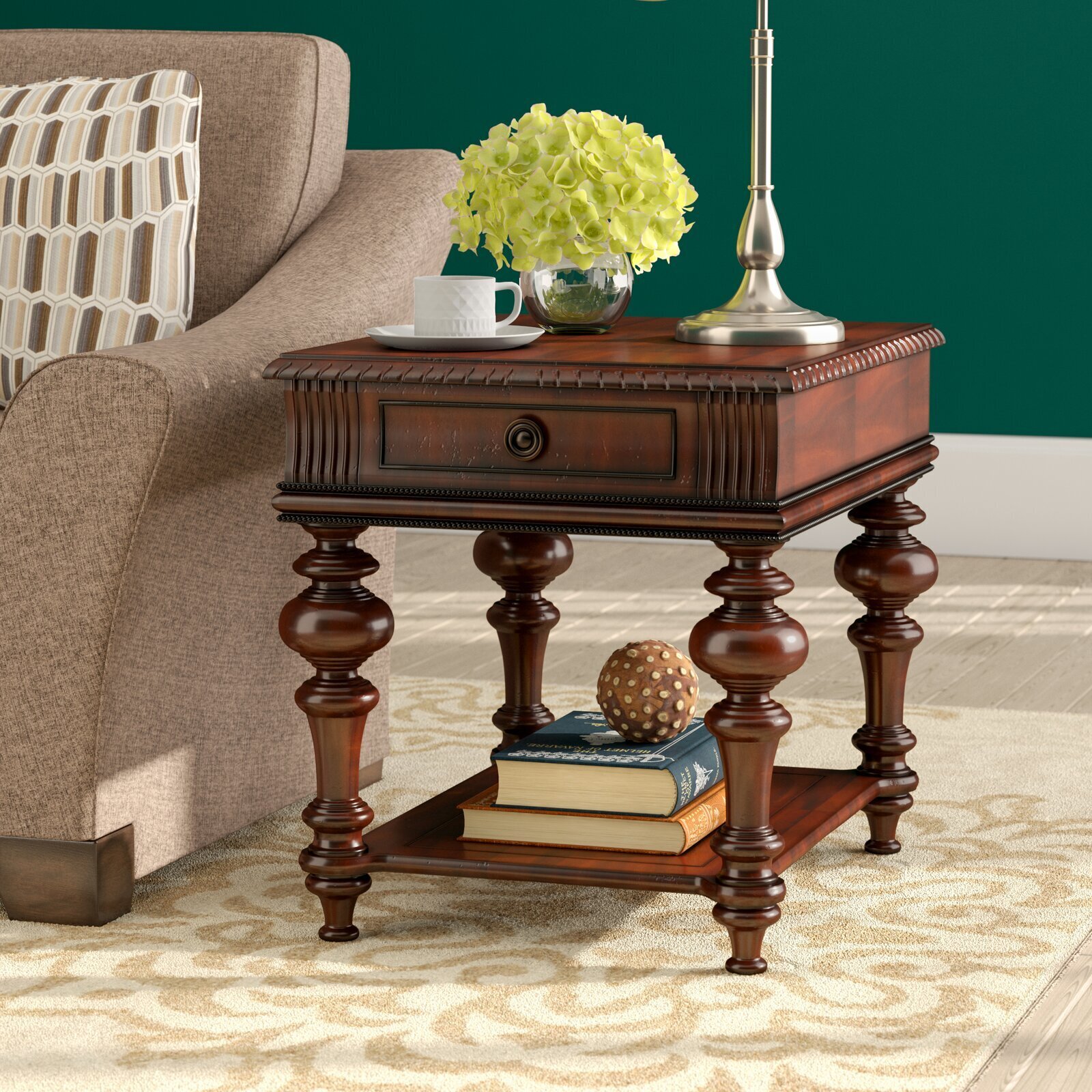 Cherry Queen Anne End Table with Drawer and Shelf