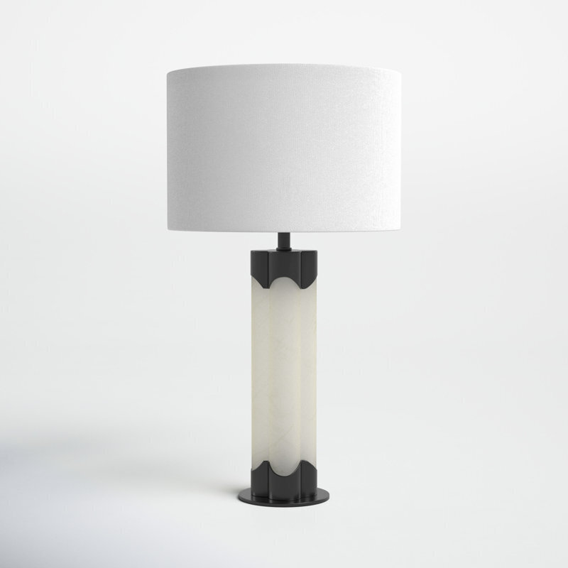 Chic Carved Alabaster Lamp With Dark Accents