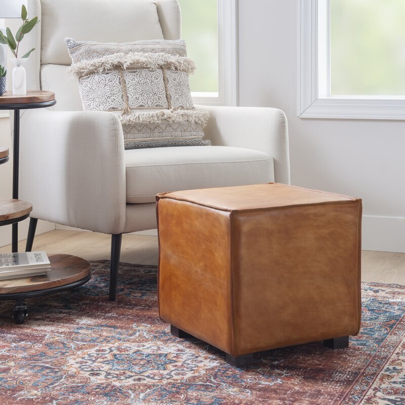 Round Faux Leather Collapsible Ottoman Pouf with Storage (No Filler), Orange