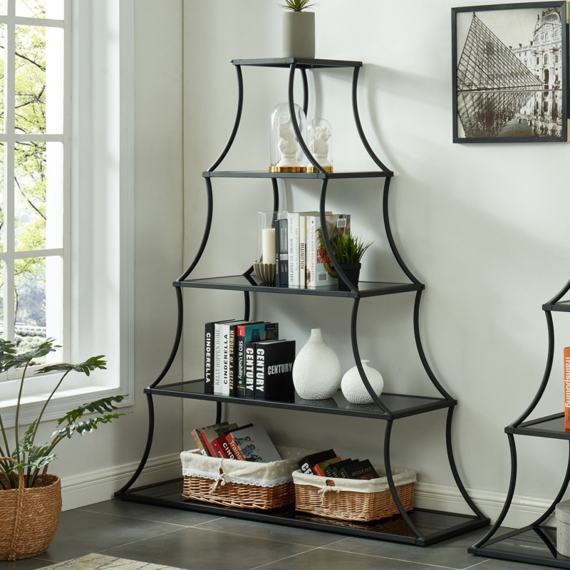 Five-Tier Triangular Bookcase with Black Glass Shelves