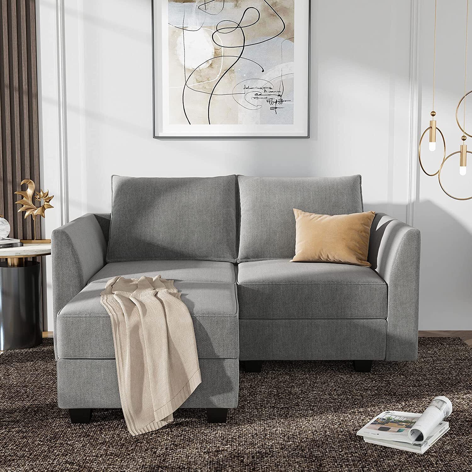 Compact L Shaped Couch with Ottoman and Storage Seat