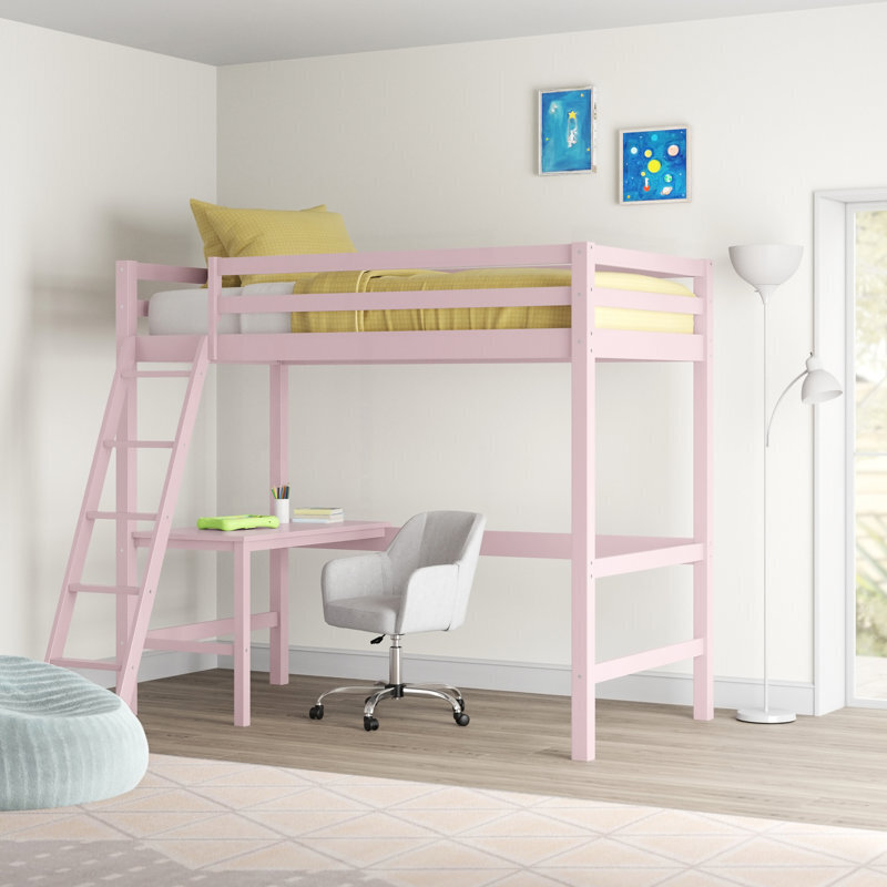 Compact Pink Wood Loft Bed Desk