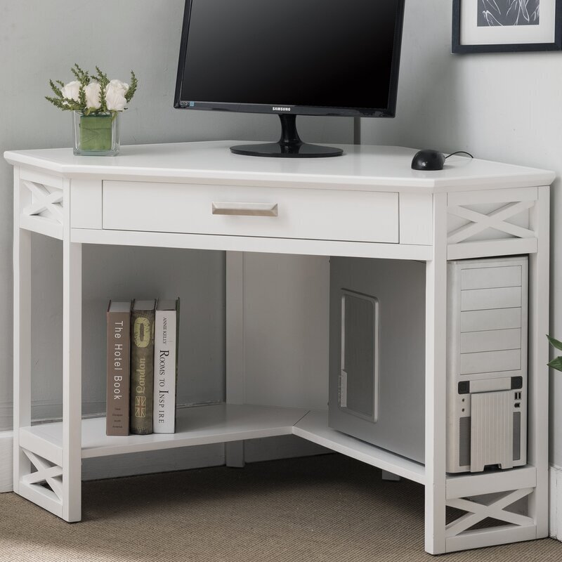 Compact White Corner Desk With Shelves