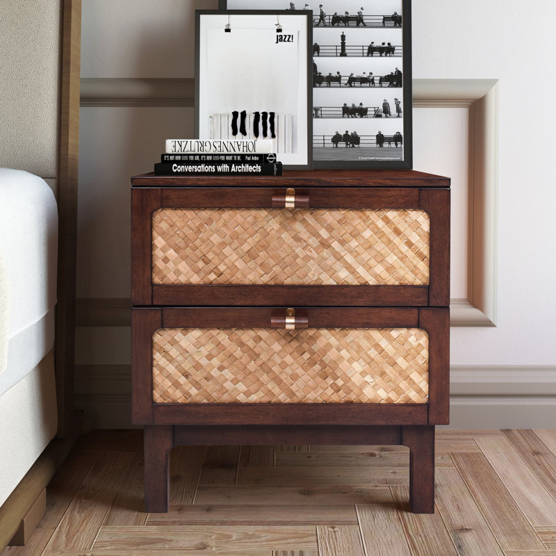 Contrasting Wicker and Mahogany Wood Nightstand