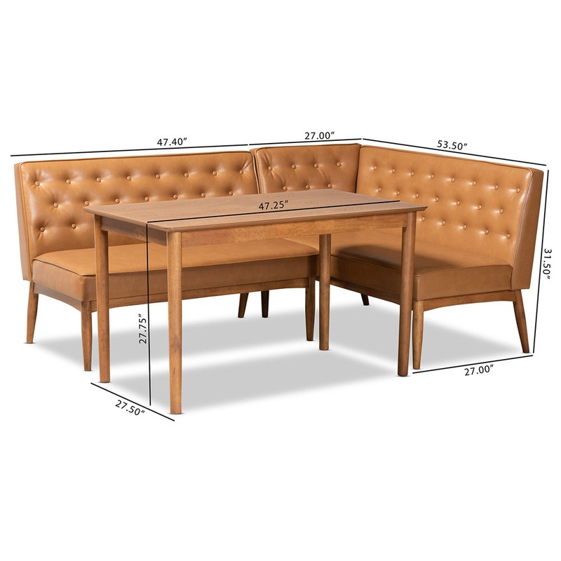 Corrigan Studio® Studio Riordan Mid-Century Modern Tan Faux Leather Upholstered And Walnut Brown Finished Wood 3-Piece Dining Nook Set