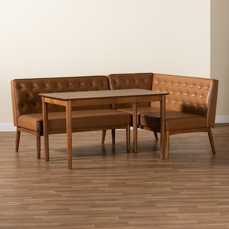 Corrigan Studio® Studio Riordan Mid-Century Modern Tan Faux Leather Upholstered And Walnut Brown Finished Wood 3-Piece Dining Nook Set