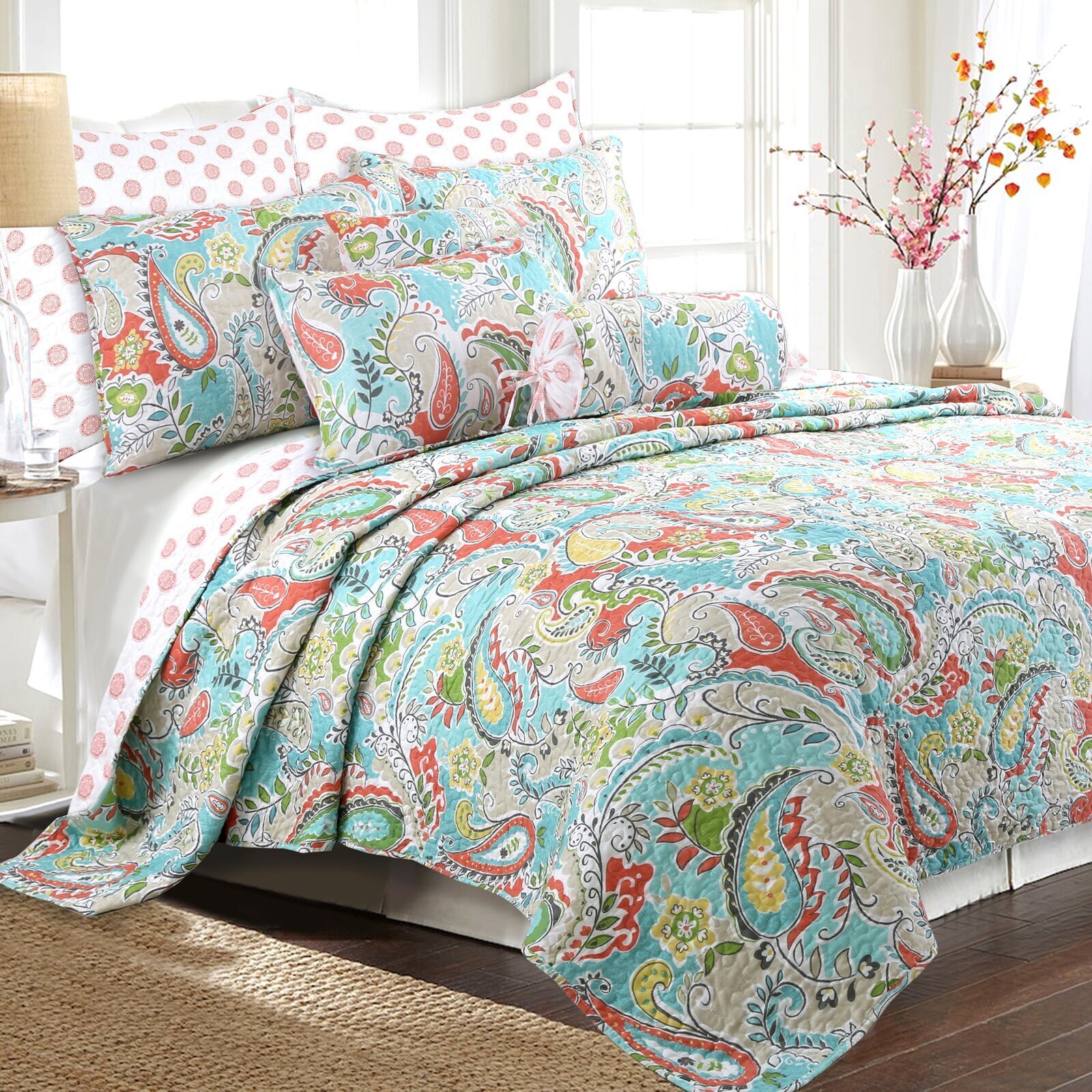 Cotton Coral and Teal Bedding Quilt Set