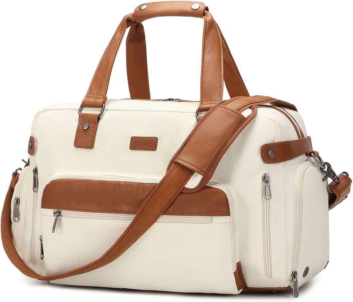 Cream and Brown Overnight Bag with Laptop Compartment