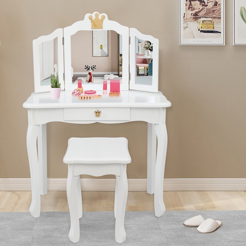 Heart Shape Design and Crystal Knobs Childrens White Wooden Makeup Dressing Table with 3 Drawers Girls Dressing Table with Stool and Mirror Small Kids Vanity Table Ideal for Girls 3-7 Years 
