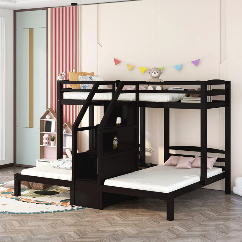 Dark Brown Triple Bunk Beds For Kids With Storage