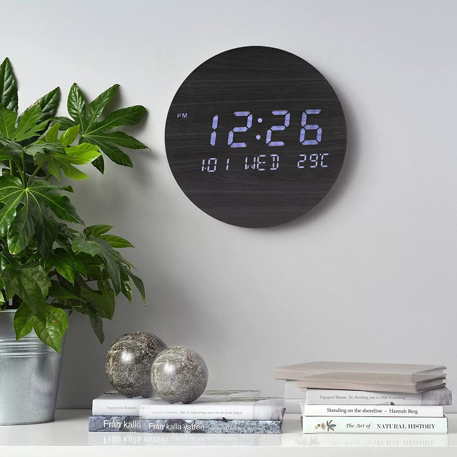 Dark Round Clock with Date and Time Display
