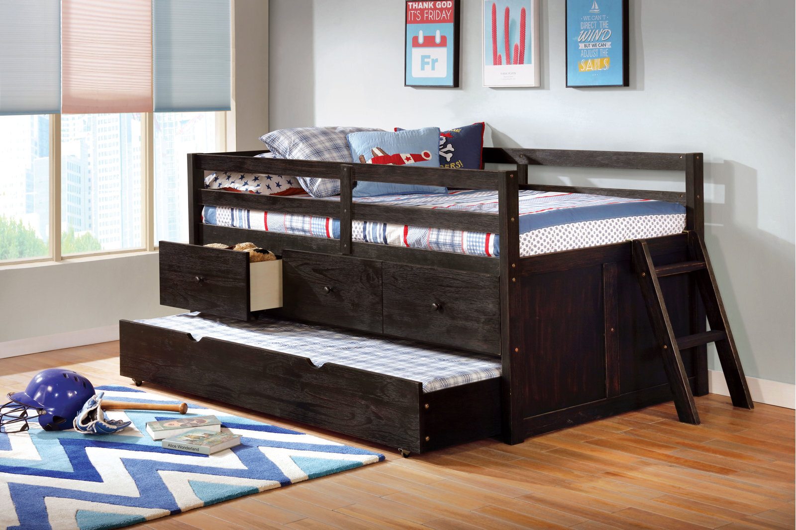 Dark Wood Twin Loft Bed With Mini Staircase