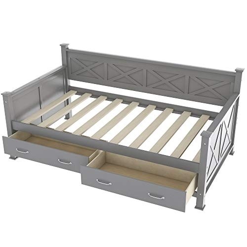 Daybed with Drawers, Wood Storage Daybed with 2 Storage Drawers, Wooden Platform Bed Great for Kids Guests Sleepovers, Gray