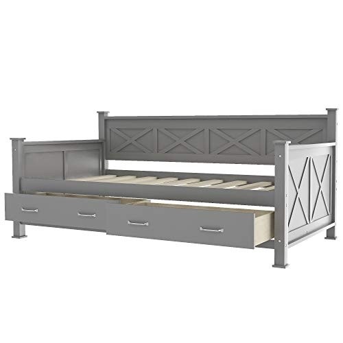 Daybed with Drawers, Wood Storage Daybed with 2 Storage Drawers, Wooden Platform Bed Great for Kids Guests Sleepovers, Gray