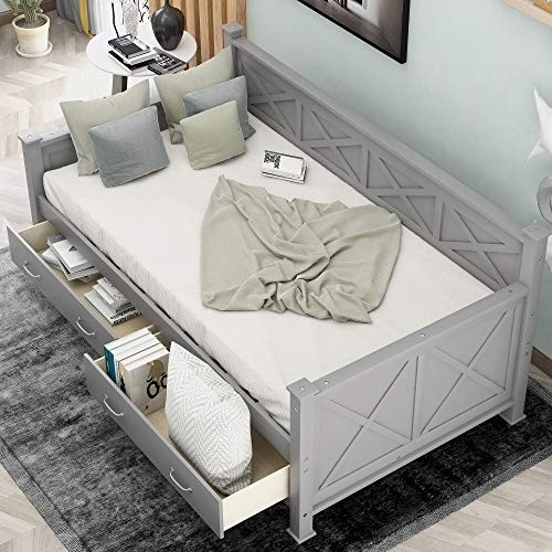 Daybed with Drawers, Wood Storage Daybed with 2 Storage Drawers, Wooden Platform Bed Great for Kids Guests Sleepovers, Gray