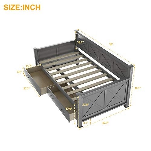 Daybed with Drawers, Wood Storage Daybed with 2 Storage Drawers, Wooden Platform Bed Great for Kids Guests Sleepovers, Gray