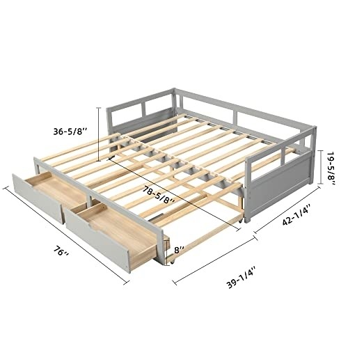 Daybed with Trundle and Two Storage Drawers, Extendable Wood Twin Size Trundle Daybed with Roll Out Bed Frame, Teens Adults Dual-use Sturdy Sofa Bed for Bedroom Living Room (Grey)