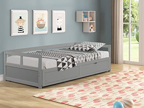 Daybed with Trundle and Two Storage Drawers, Extendable Wood Twin Size Trundle Daybed with Roll Out Bed Frame, Teens Adults Dual-use Sturdy Sofa Bed for Bedroom Living Room (Grey)