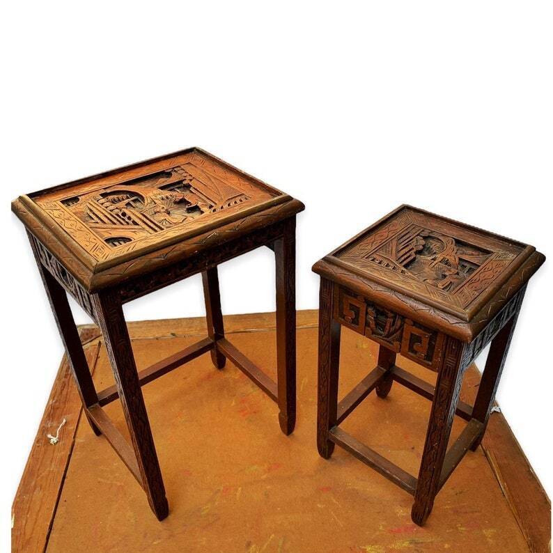 Deep Carved Vintage Asian Nesting Tables