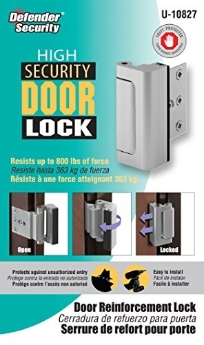 Defender Security Satin Nickel U 10827 Door Reinforcement Lock – Add Extra, High Security to your Home and Prevent Unauthorized Entry – 3” Stop, Aluminum Construction Finish
