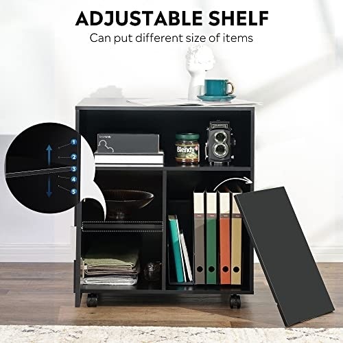 DEVAISE Mobile Printer Stand with Adjustable Shelf, Rolling Wood Storage Cabinet on Wheels, Black