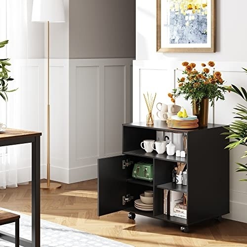DEVAISE Mobile Printer Stand with Adjustable Shelf, Rolling Wood Storage Cabinet on Wheels, Black