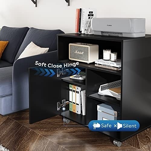 DEVAISE Mobile Printer Stand with Adjustable Shelf, Rolling Wood Storage Cabinet on Wheels, Black