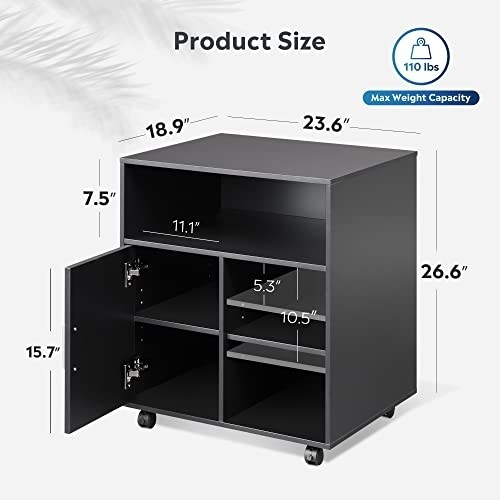 DEVAISE Mobile Printer Stand with Adjustable Shelf, Rolling Wood Storage Cabinet on Wheels, Black