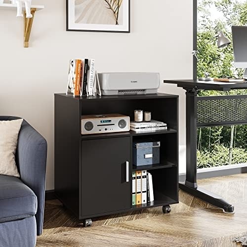 DEVAISE Mobile Printer Stand with Adjustable Shelf, Rolling Wood Storage Cabinet on Wheels, Black