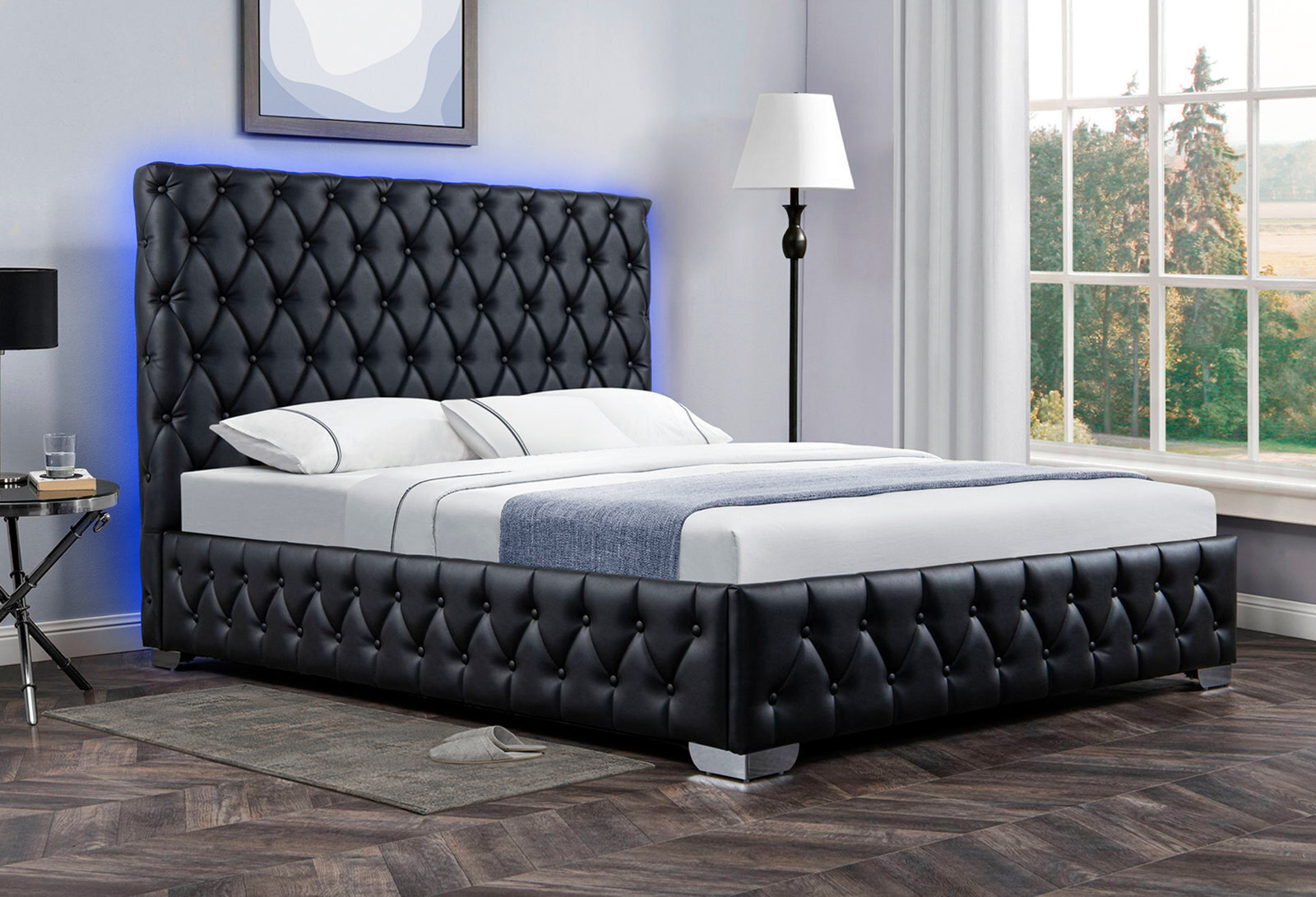 Diamond Tufted Leather Platform Bed With Storage
