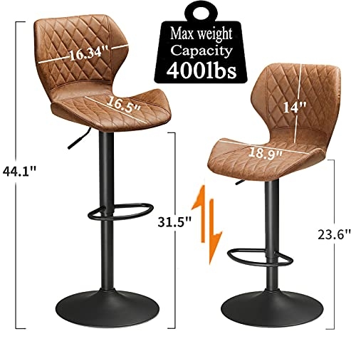 DICTAC Leather Bar Stools Set of 2 Counter Height Barstools Brown, Breakfast Bar Stools for Kitchens Island, Swivel Bar Chairs Adjustable Height 23.6” to 31.5“