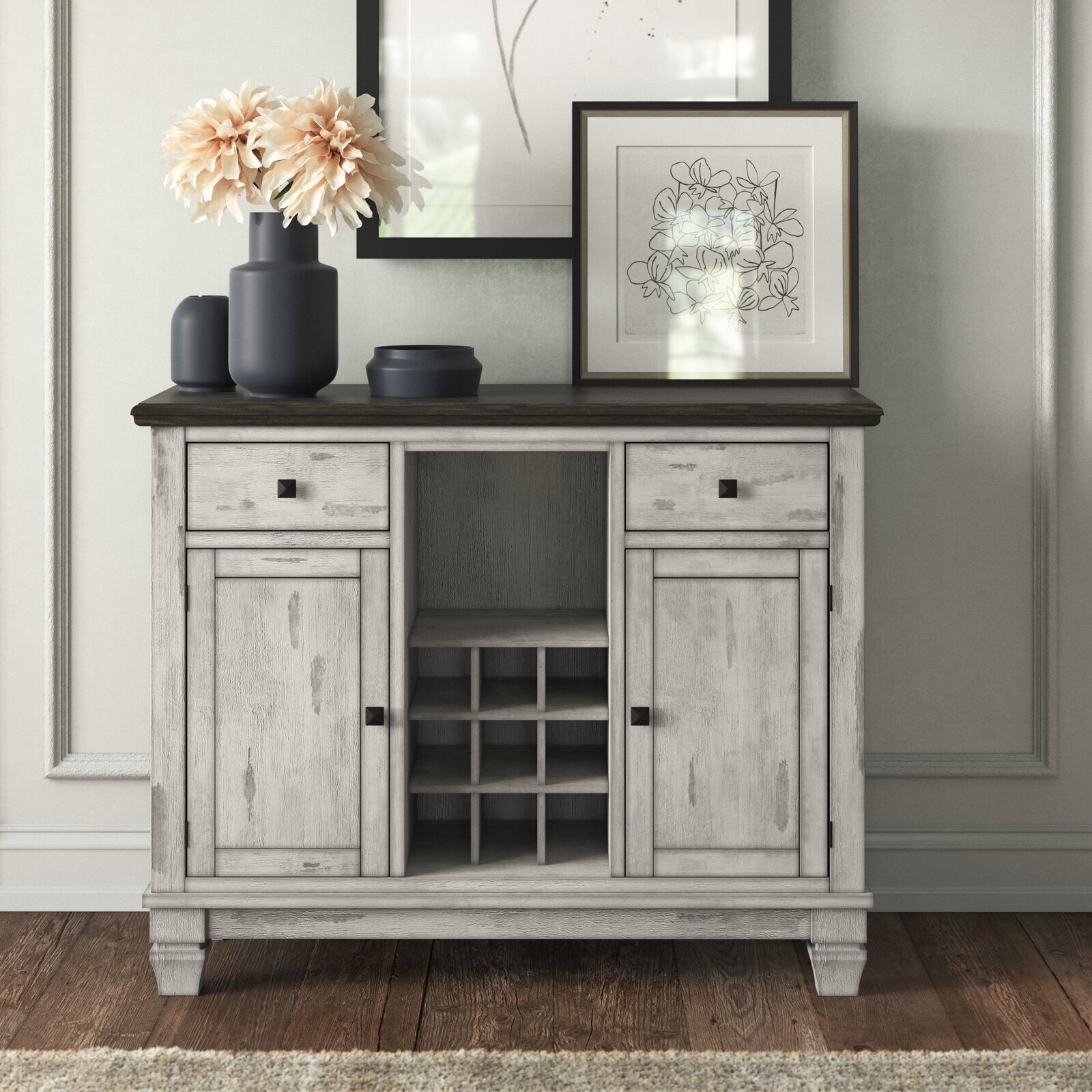 Distressed buffet cabinet with different storage solutions