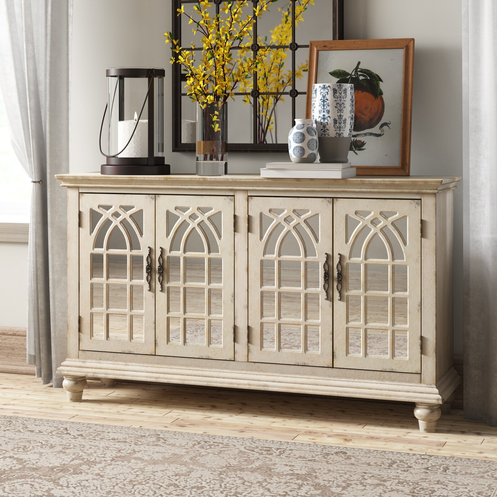 Distressed sideboard with decorative doors