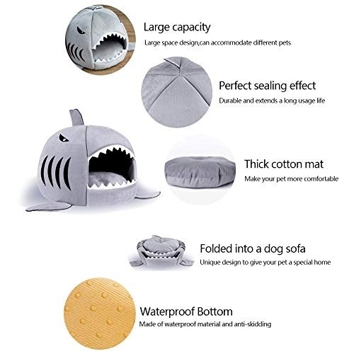 Dog Cat Bed Washable Shark Covered Cave House Tent for Small Pets Puppy Kitten up to 12lbs with Removable Cushion and Water Resistant Bottom (16.5"x16.5"x15.5")