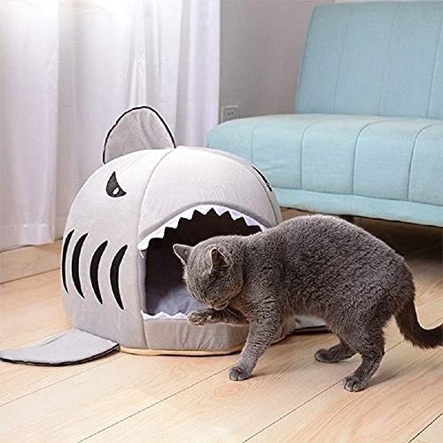 Dog Cat Bed Washable Shark Covered Cave House Tent for Small Pets Puppy Kitten up to 12lbs with Removable Cushion and Water Resistant Bottom (16.5"x16.5"x15.5")