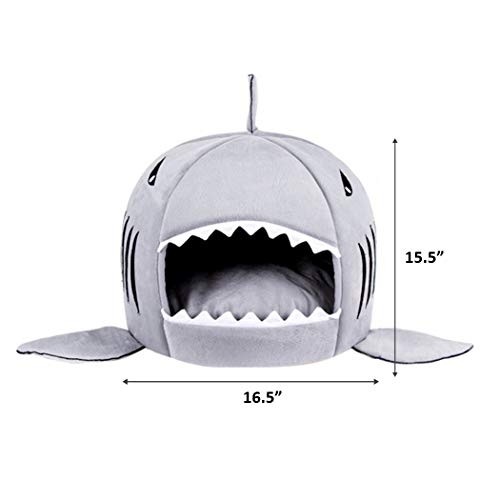 Dog Cat Bed Washable Shark Covered Cave House Tent for Small Pets Puppy Kitten up to 12lbs with Removable Cushion and Water Resistant Bottom (16.5"x16.5"x15.5")