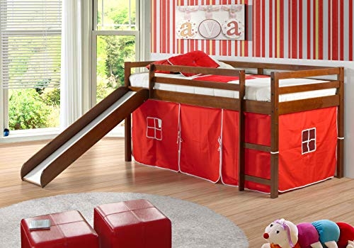Donco Kids Low Loft Bed with Slide with Tent, Twin, Light Espresso/Red