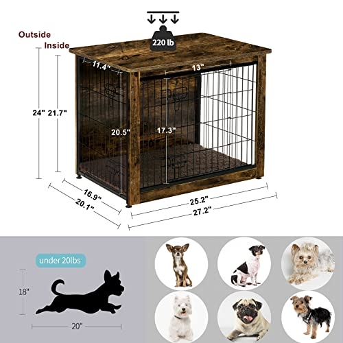DWANTON Dog Crate Furniture with Cushion, Wooden Crate End Table, Dog Furniture, Indoor Pet Crate Dog Kennel, Small, 27.2" L x 20.1" W x 23.6" H